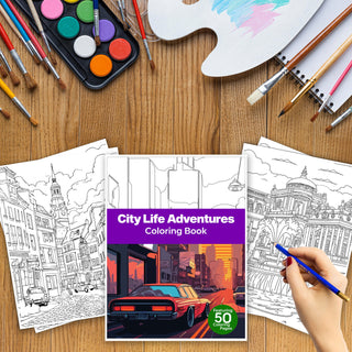 50 City Life Adventure Printable Coloring Pages For Kids & Adults (INSTANT DOWNLOAD)