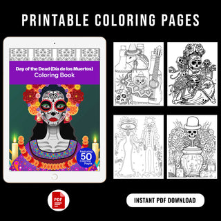 50 Day Of The Dead Printable Coloring Pages For Kids & Adults (INSTANT DOWNLOAD)