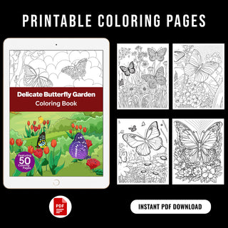 Delicate Butterfly Garden Printable Coloring Pages For Kids & Adults (INSTANT DOWNLOAD)