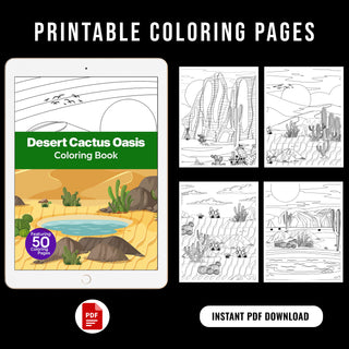 50 Desert Cactus Oasis Printable Coloring Pages For Kids & Adults (INSTANT DOWNLOAD)