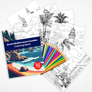 50 Serene Mediterranean Coastline Printable Coloring Pages For Kids & Adults (INSTANT DOWNLOAD))