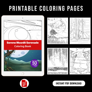 50 Serene Moonlit Serenade Printable Coloring Pages For Kids & Adults (INSTANT DOWNLOAD)