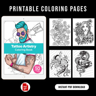 50 Tattoo Artistry Printable Coloring Pages For Adults (INSTANT DOWNLOAD)