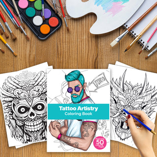 50 Tattoo Artistry Printable Coloring Pages For Adults (INSTANT DOWNLOAD)