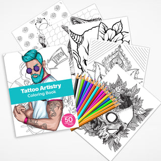 50 Tattoo Artistry Printable Coloring Pages For Adults (INSTANT DOWNLOAD)