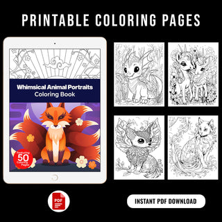 50 Whimsical Animal Portrait Printable Coloring Pages For Kids & Adults (INSTANT DOWNLOAD)