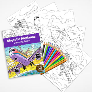 50 Majestic Airplanes Printable Coloring Book For Kids & Adults (INSTANT DOWNLOAD)