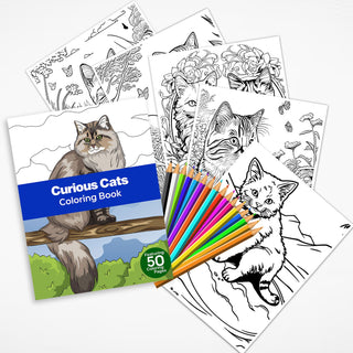 50 Curious Cat Printable Coloring Pages For Kids & Adults (INSTANT DOWNLOAD)