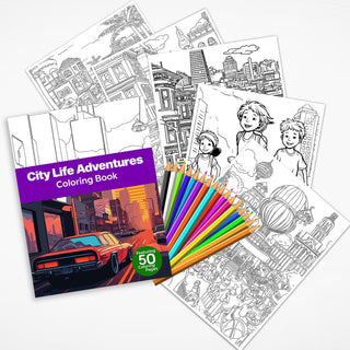 50 City Life Adventure Printable Coloring Pages For Kids & Adults (INSTANT DOWNLOAD)