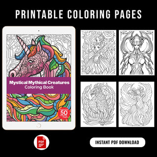 50 Mystical Mythical Creature Printable Coloring Books For Kids & Adults (INSTANT DOWNLOAD)