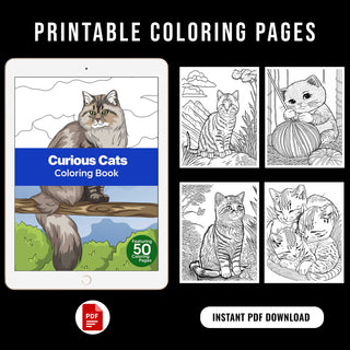50 Curious Cat Printable Coloring Pages For Kids & Adults (INSTANT DOWNLOAD)