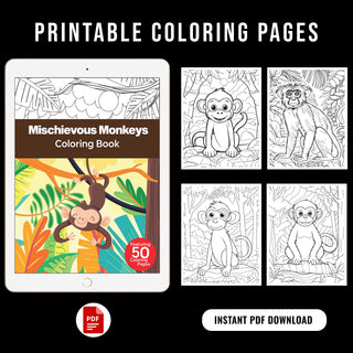 50 Mischievous Monkey Printable Coloring Pages For Kids & Adults (INSTANT DOWNLOAD)