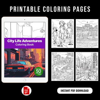 50 City Life Adventure Printable Coloring Pages For Kids & Adults (INSTANT DOWNLOAD)