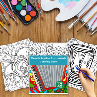 50 Melodic Musical Instrument Printable Coloring Pages For Kids & Adults (INSTANT DOWNLOAD)