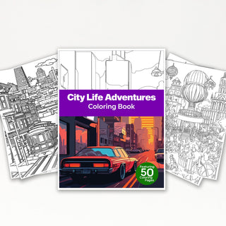 50 City Life Adventure Printable Coloring Pages For Kids & Adults (INSTANT DOWNLOAD)