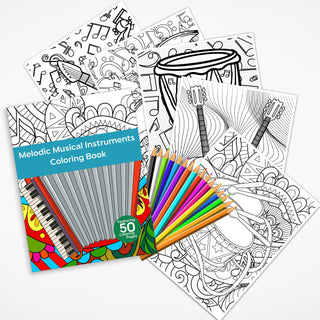 50 Melodic Musical Instrument Printable Coloring Pages For Kids & Adults (INSTANT DOWNLOAD)