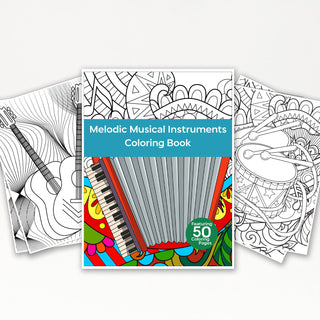 50 Melodic Musical Instrument Printable Coloring Pages For Kids & Adults (INSTANT DOWNLOAD)